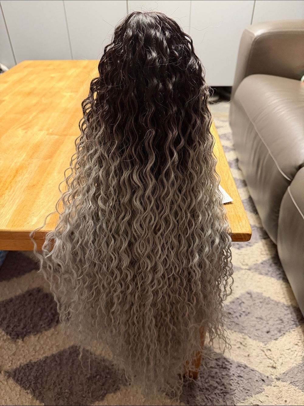 Long Wavy Ombre Synthetic Wig — Black to Silver Gray
